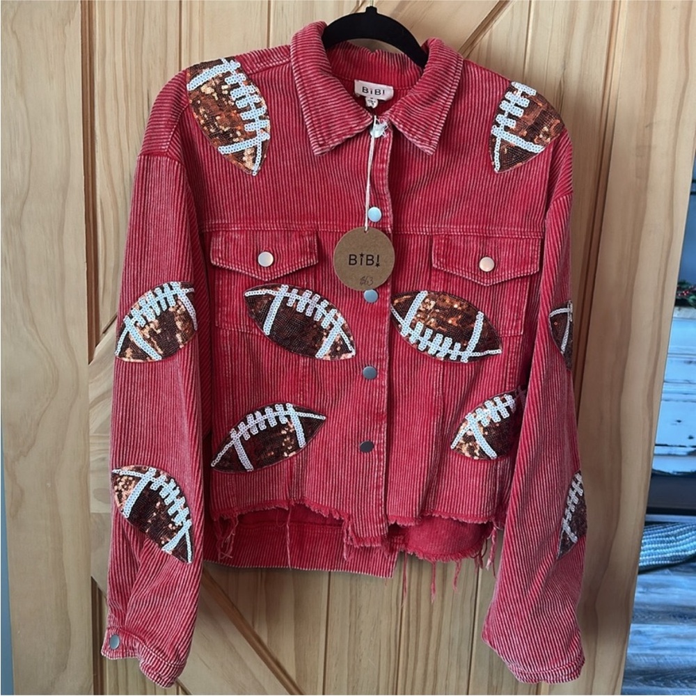 NWT Red Corduroy Football Print Cropped Sequin Jacket - Picture 9 of 11